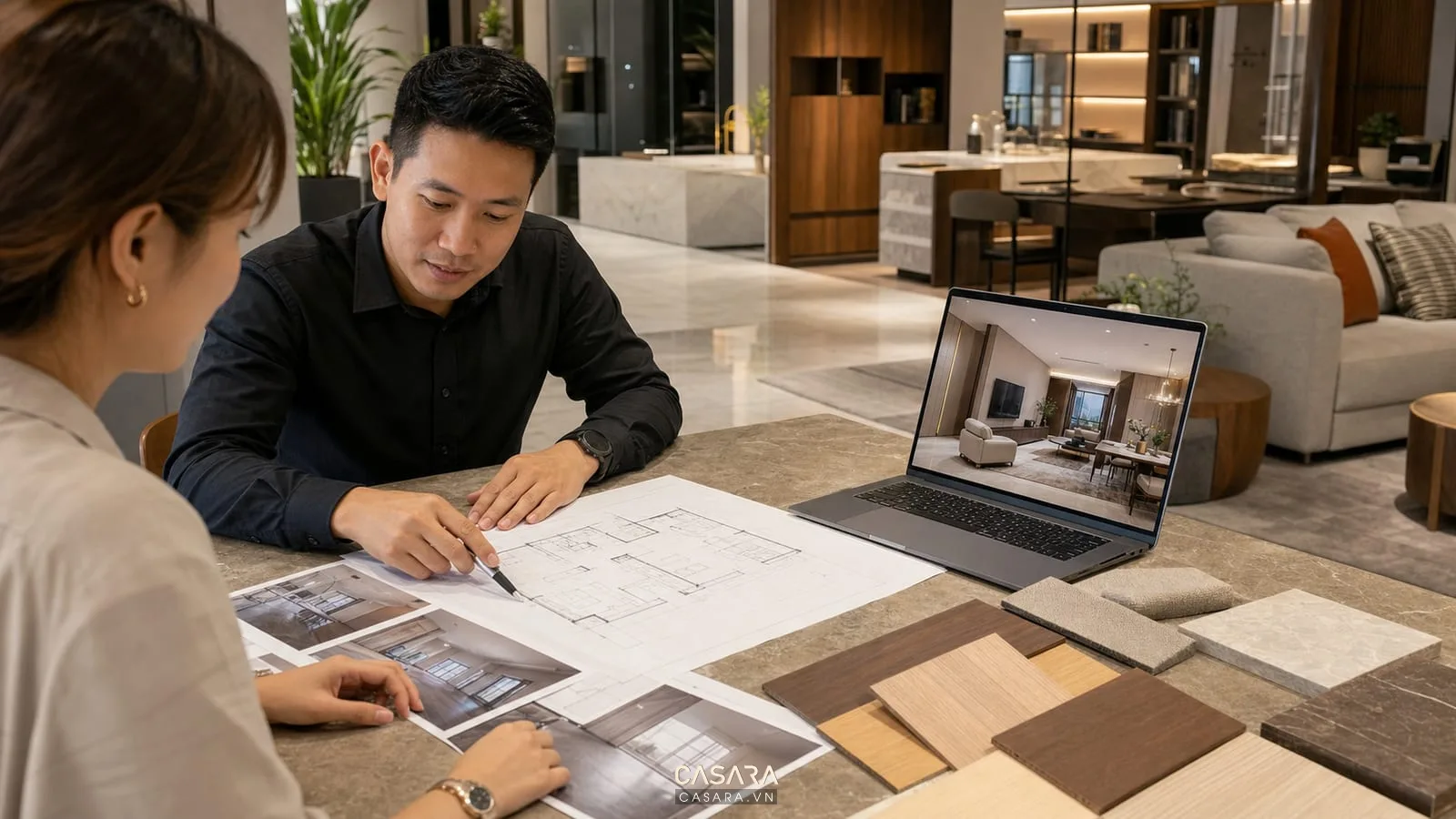 Kiến trúc sư tư vấn nội thất với bản vẽ mặt bằng ảnh hiện trạng và mẫu vật liệu gỗ