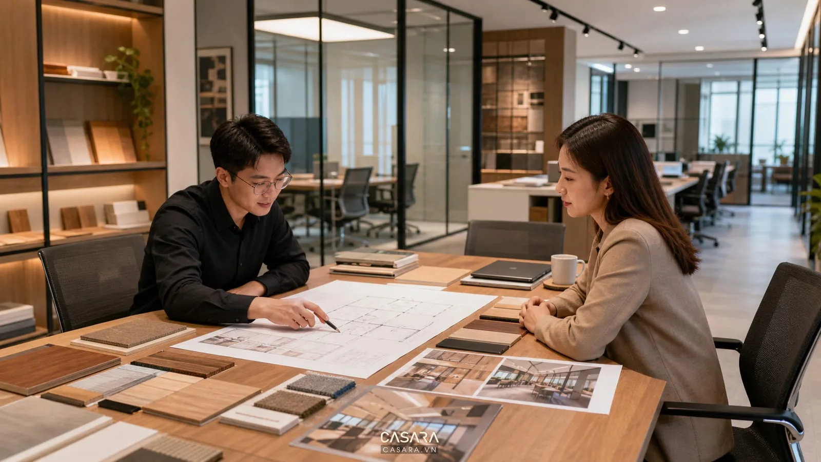 Tư vấn thiết kế thi công nội thất văn phòng với bản vẽ và mẫu vật liệu