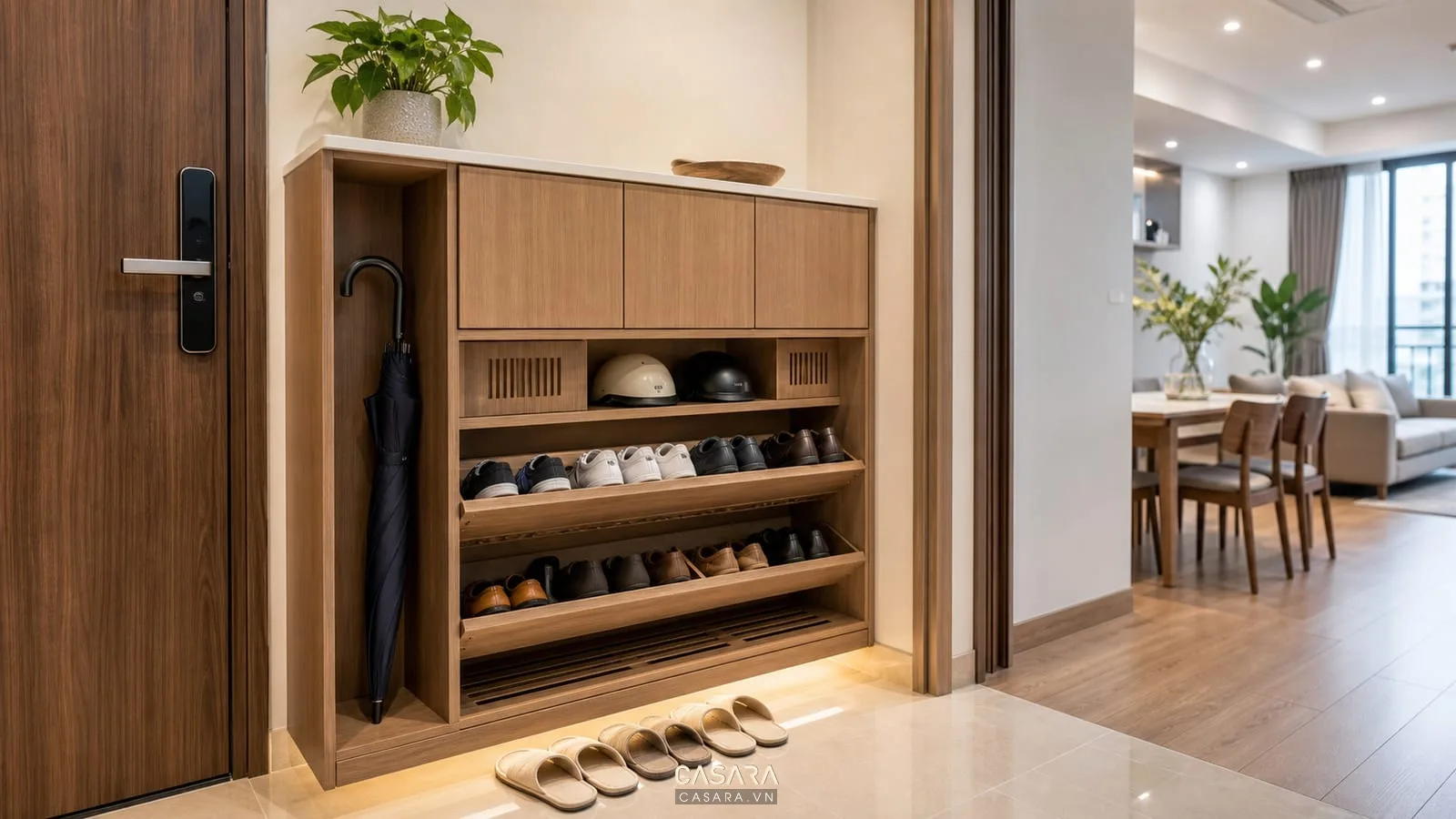 tủ giày nhà chung cư có khoang giày thoáng và khay giày dễ vệ sinh