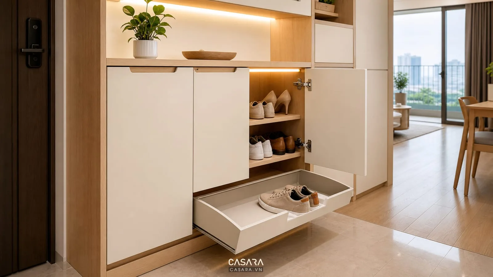 vật liệu tủ giày nhà chung cư với gỗ sáng cánh phẳng và tay nắm âm