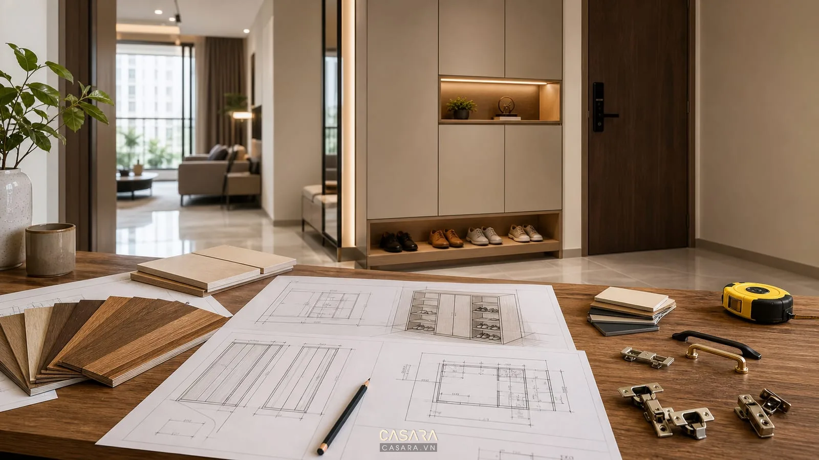 bản vẽ chi tiết thiết kế tủ giày nhà chung cư với phối cảnh và mẫu vật liệu
