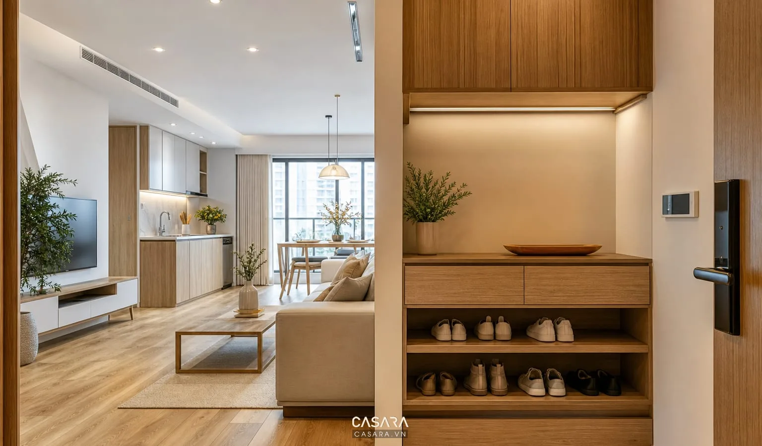 căn hộ chung cư hoàn thiện với tủ giày gỗ ở cửa vào và phòng khách gọn gàng