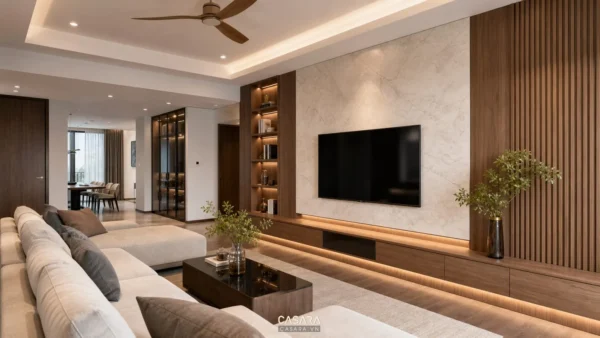 Thiết kế tường phòng khách đẹp với vách tivi gỗ và đá trong căn hộ hiện đại
