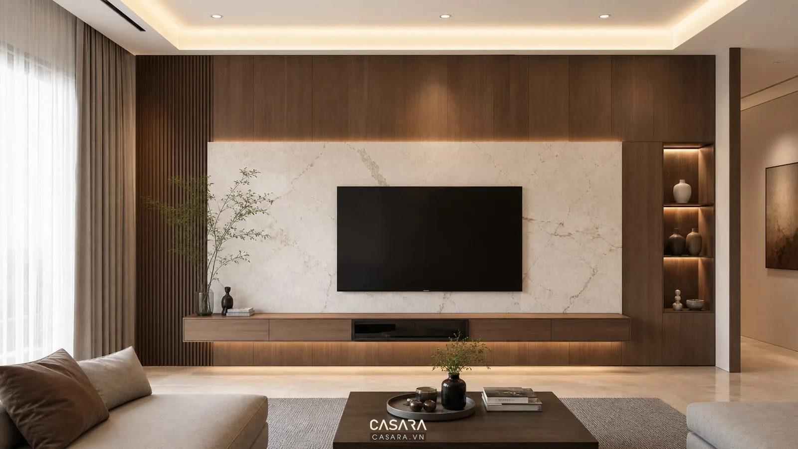 Tường phòng khách đẹp với gỗ ốp đá vân nhẹ và kệ tivi treo