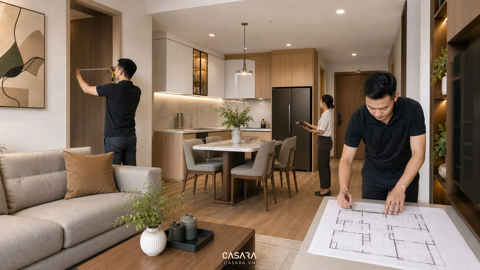 Thiết kế và thi công nội thất chung cư với phòng khách bếp và bản vẽ mặt bằng căn hộ