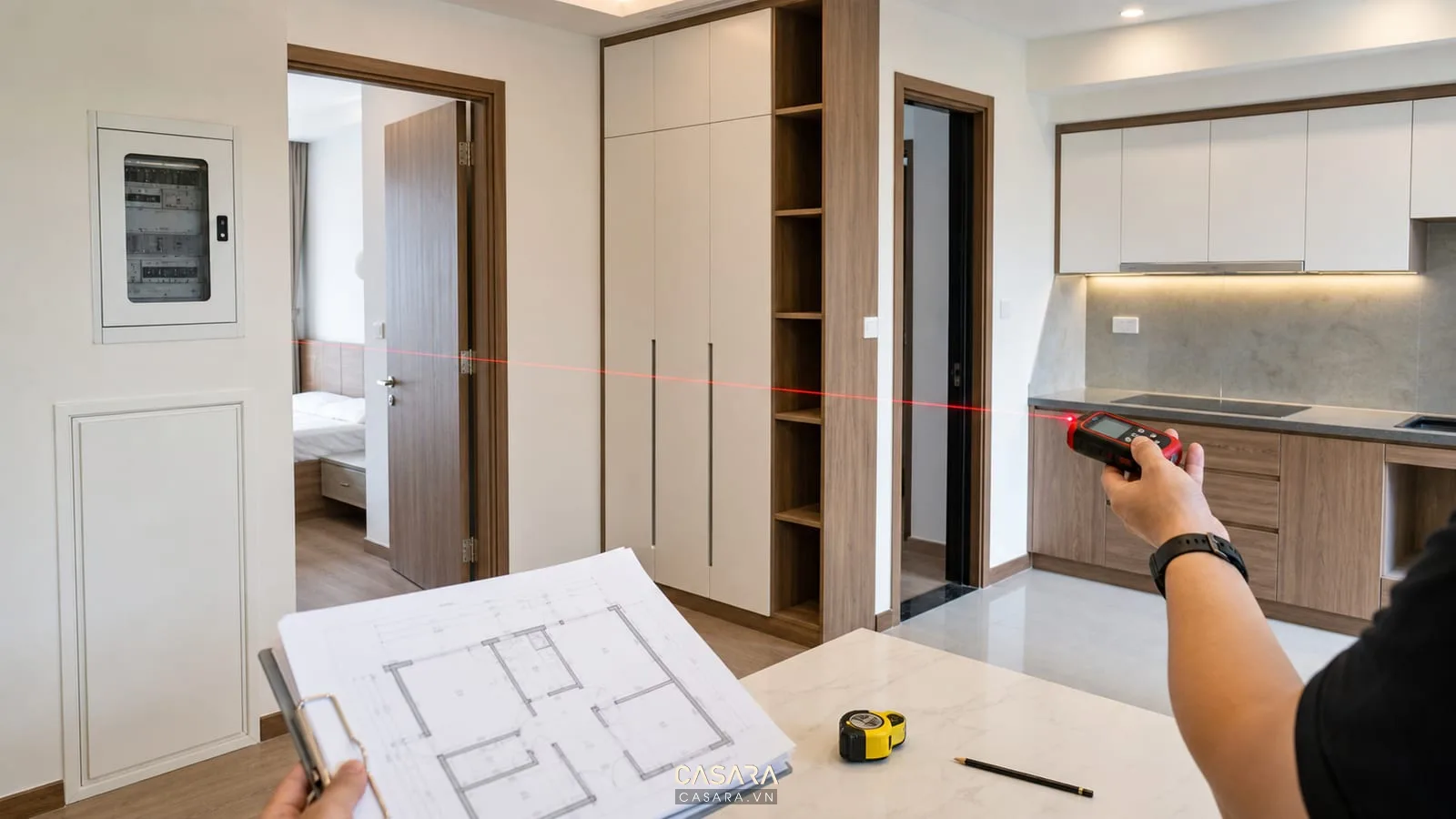 Đo đạc hiện trạng căn hộ chung cư với bản vẽ mặt bằng tủ bếp và phòng ngủ