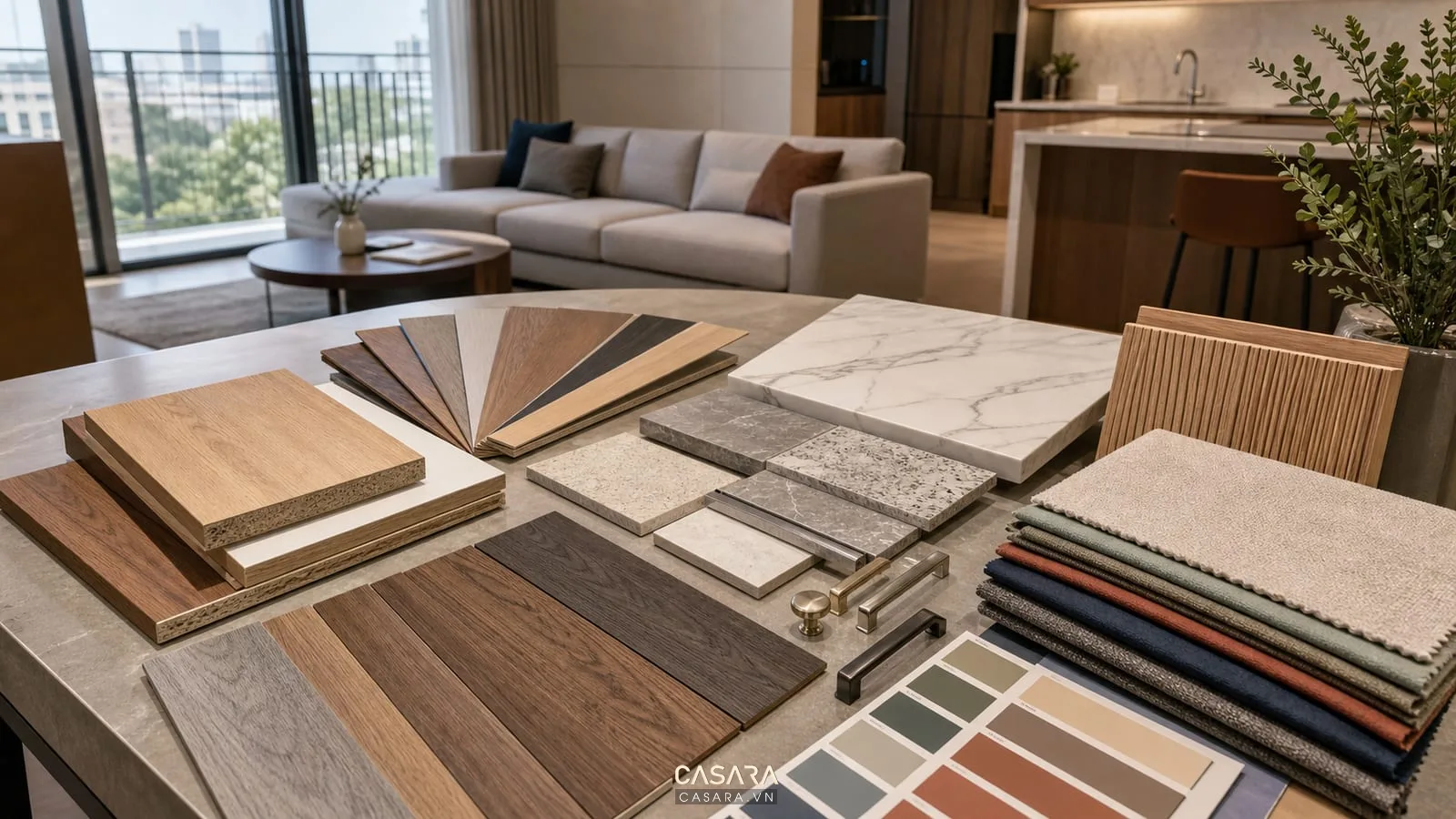 Mẫu vật liệu nội thất chung cư gồm gỗ đá vải sofa tay nắm tủ và sàn gỗ