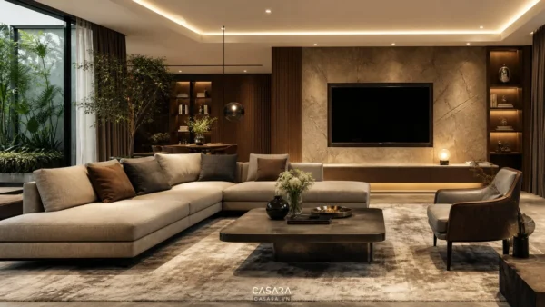 phòng khách sang trọng trầm với vách tivi và sofa trong thiết kế nội thất