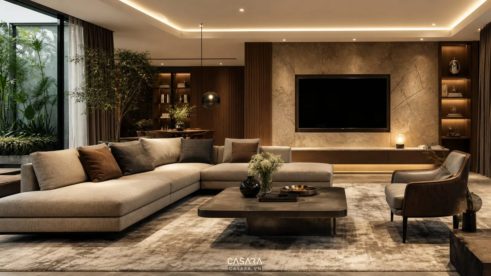 phòng khách sang trọng trầm với vách tivi và sofa trong thiết kế nội thất