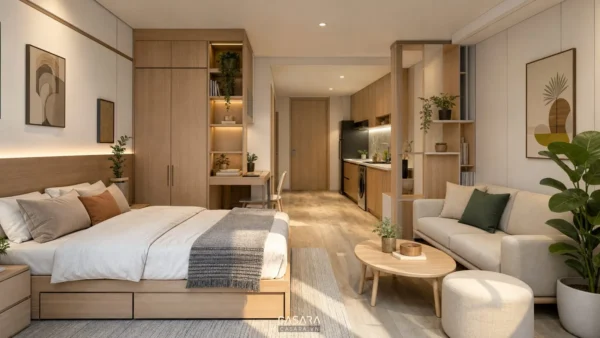 Căn hộ mini có giường ngủ, sofa, bàn trà và bếp bố trí trong cùng không gian