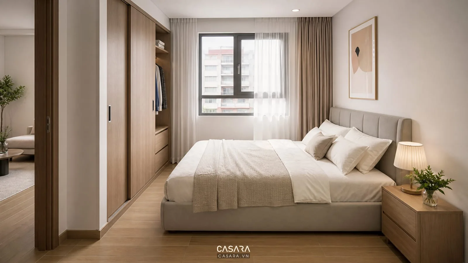 Phòng ngủ chung cư mini có giường ngủ và lối đi quanh giường thông thoáng
