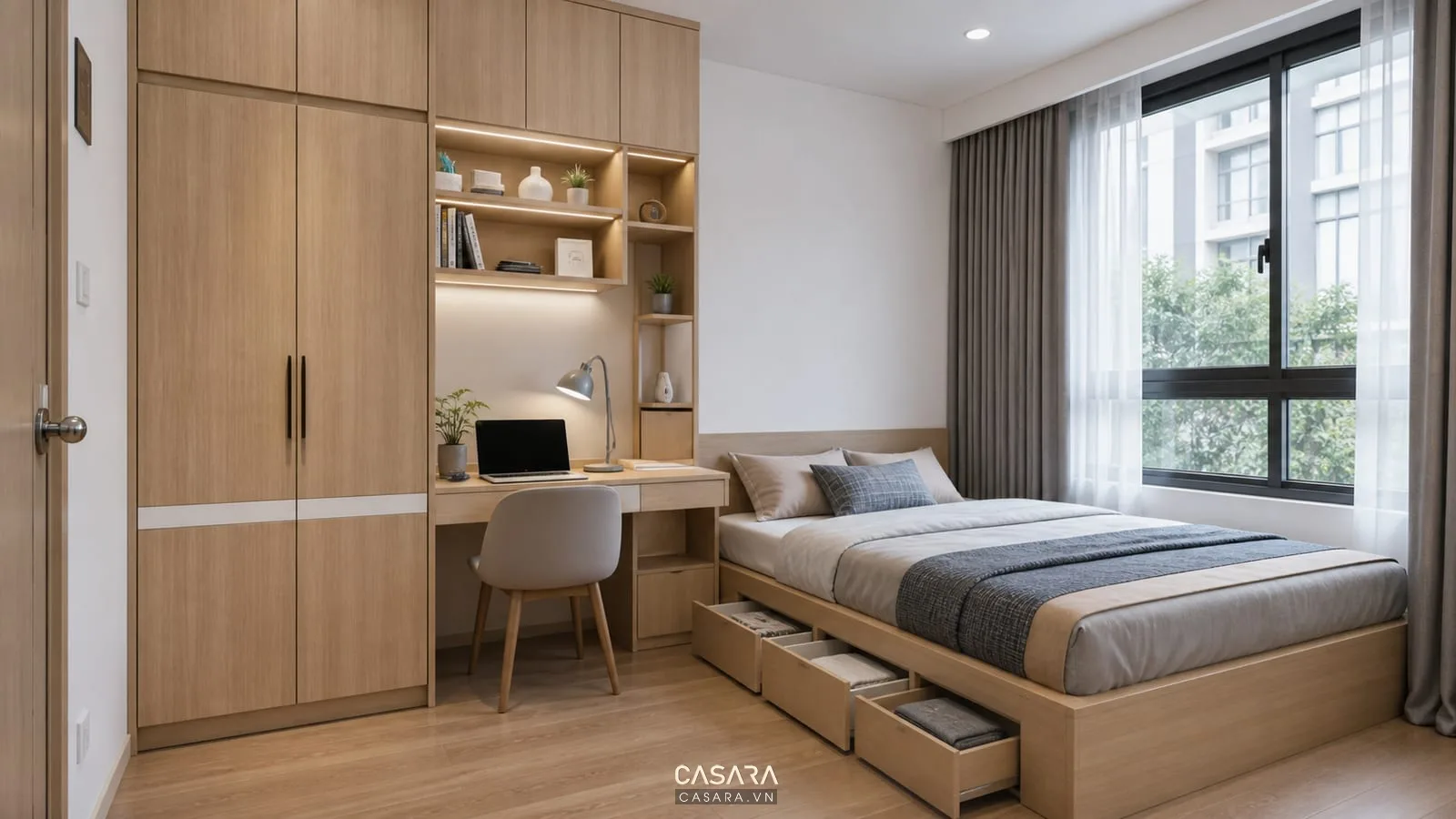 Hệ tủ phòng ngủ chung cư mini kết hợp bàn làm việc và giường ngủ