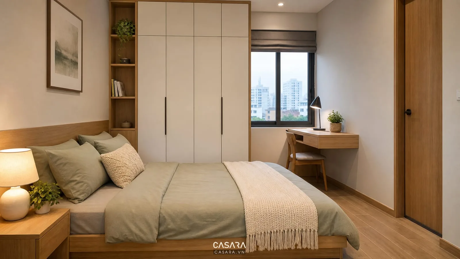 Phòng ngủ chung cư mini với giường thấp tủ phẳng và ánh sáng ấm