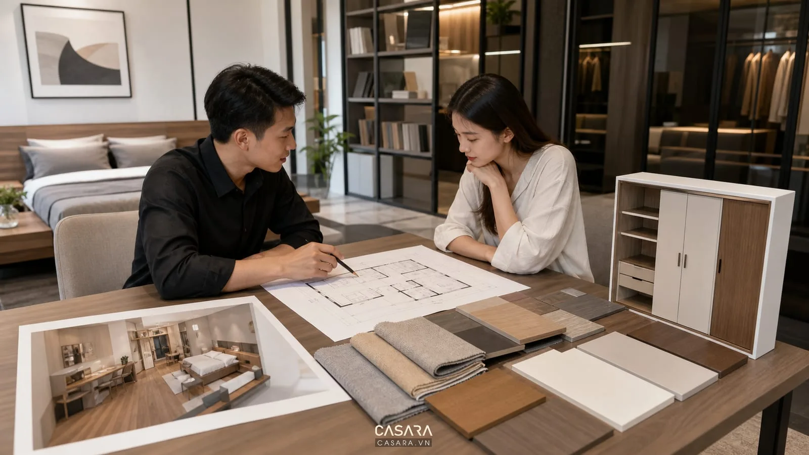 Kiến trúc sư tư vấn thiết kế xây dựng chung cư mini với bản vẽ phòng ngủ và mẫu vật liệu