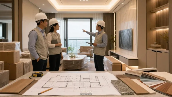 Ba nhân sự đội mũ bảo hộ trao đổi tại phòng khách căn hộ đang thi công