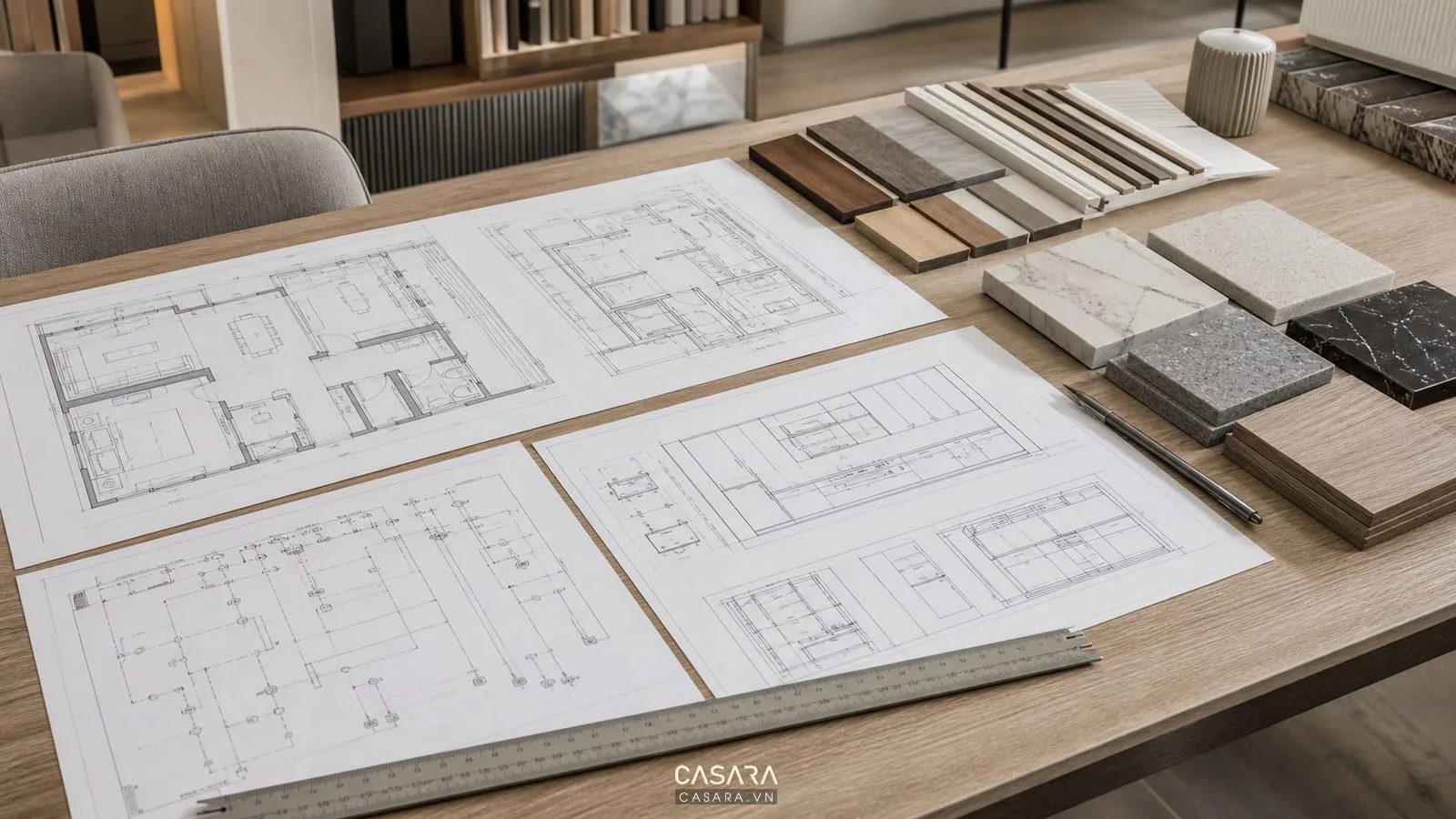 bản vẽ thi công chung cư có mặt bằng phòng khách bếp bản vẽ điện tủ bếp mẫu gỗ mẫu đá và thước đo