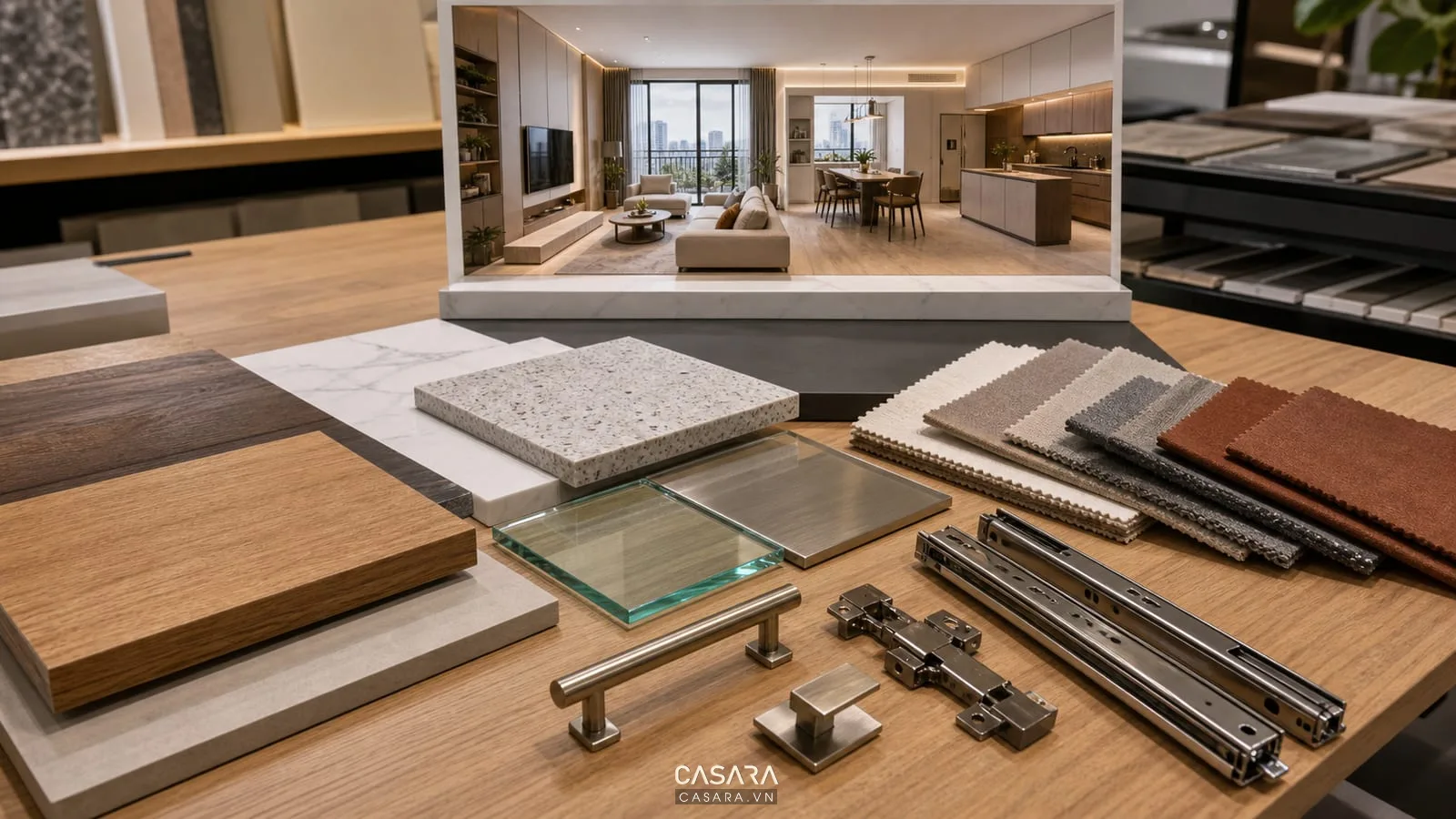 bảng vật liệu thi công chung cư có gỗ veneer đá bếp kính kim loại tay nắm bản lề ray kéo và vải sofa