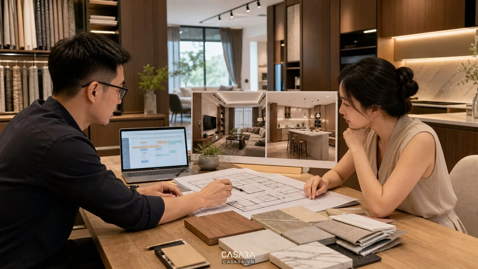 tư vấn thi công chung cư với kiến trúc sư gia chủ bản vẽ căn hộ bảng vật liệu lịch tiến độ và phối cảnh phòng khách bếp