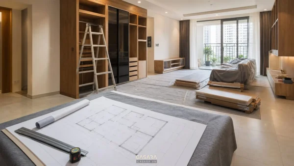 Căn hộ chung cư đang thi công nội thất với bản vẽ trên bàn và thang lắp đặt tủ gỗ