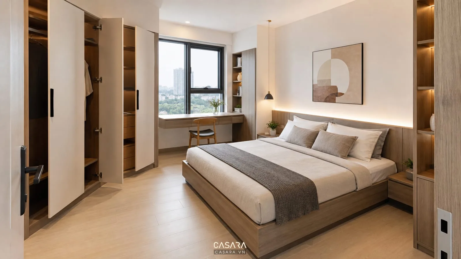 phòng ngủ chung cư có giường tủ áo và lối đi hợp lý