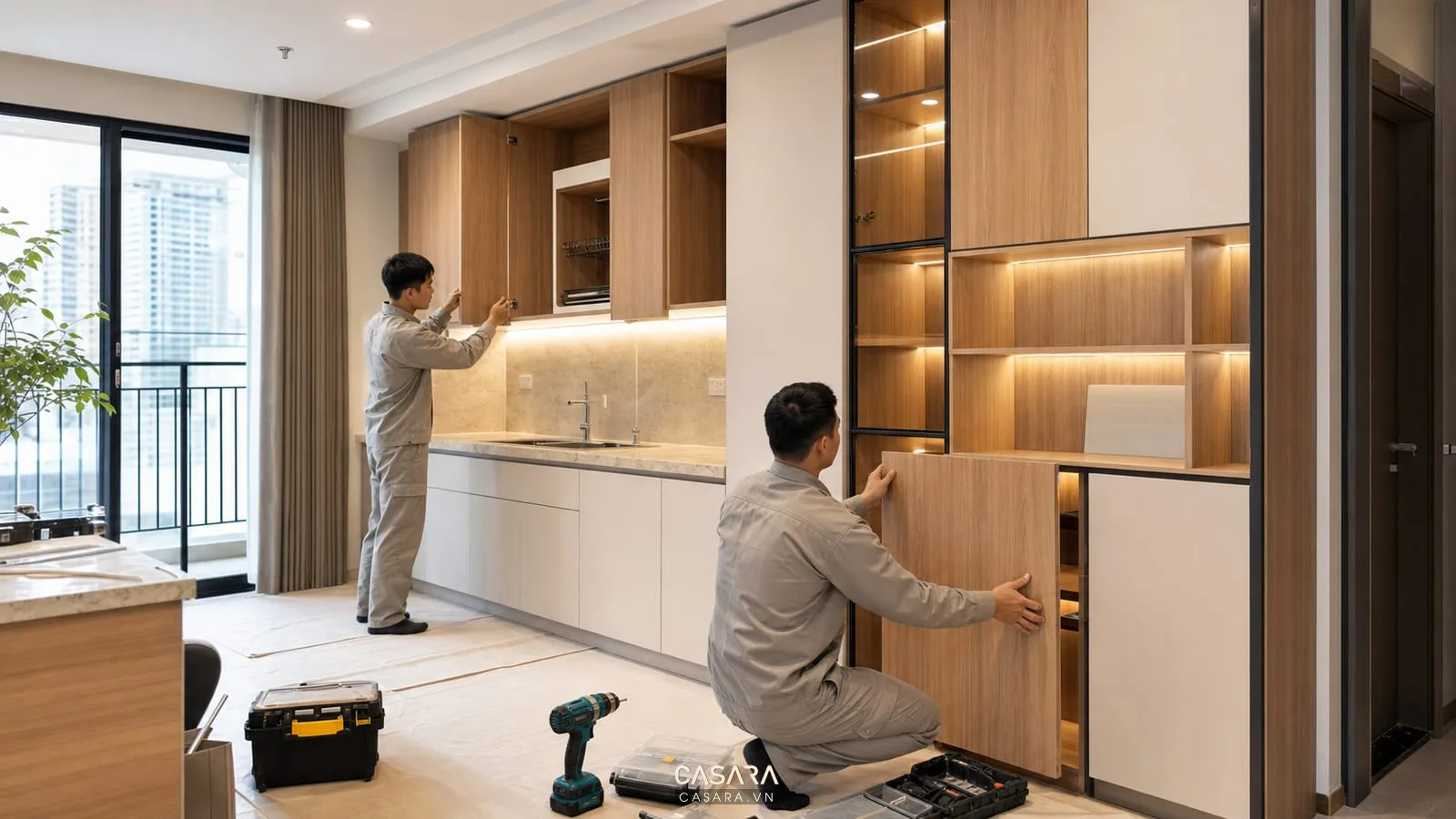 lắp đặt tủ bếp và nội thất trong căn hộ chung cư