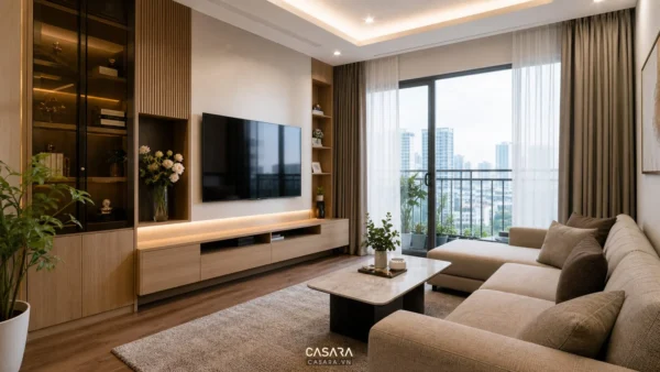 Phòng khách chung cư hiện đại có sofa góc, bàn trà, kệ tivi và cửa kính ban công