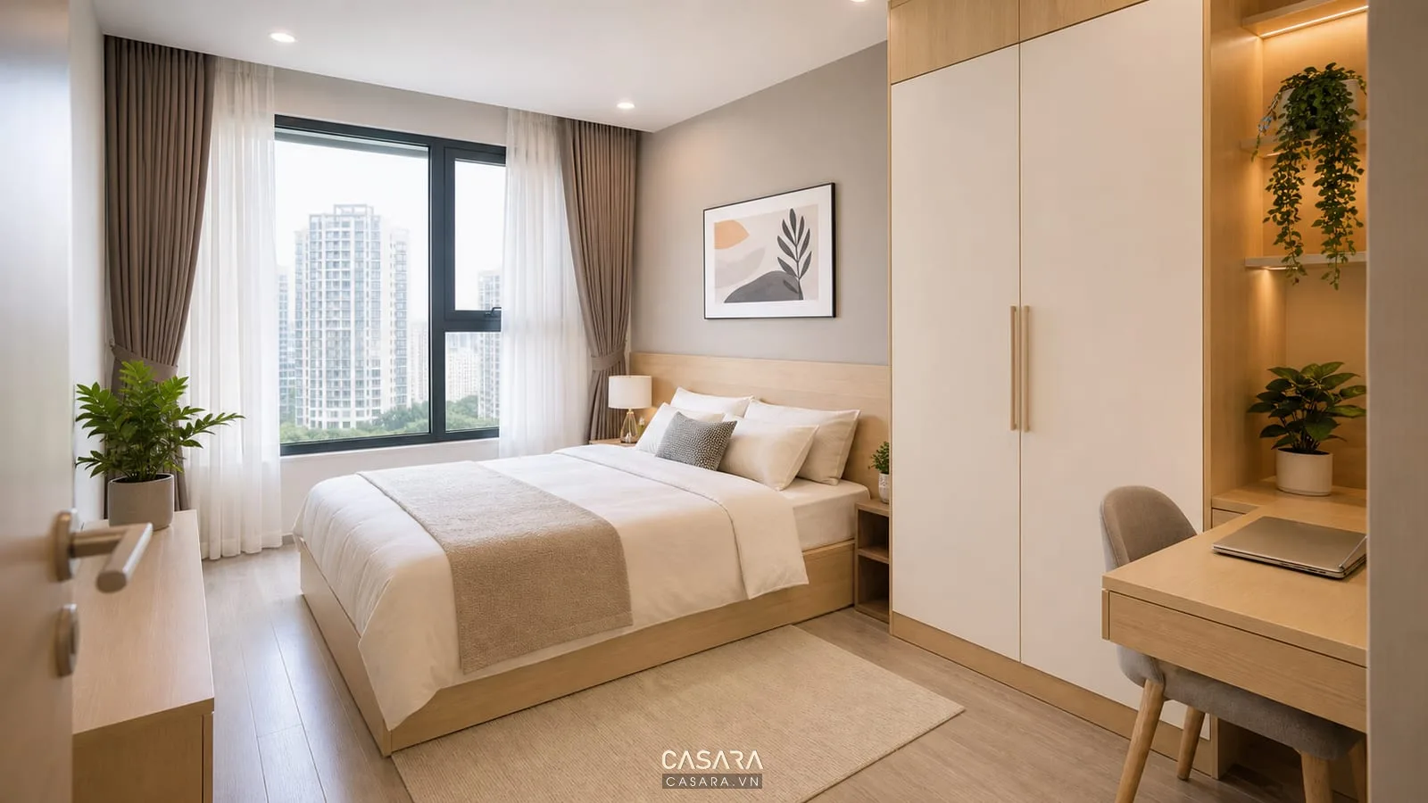 Phòng ngủ chung cư cho thuê với giường tủ và bàn làm việc nhỏ