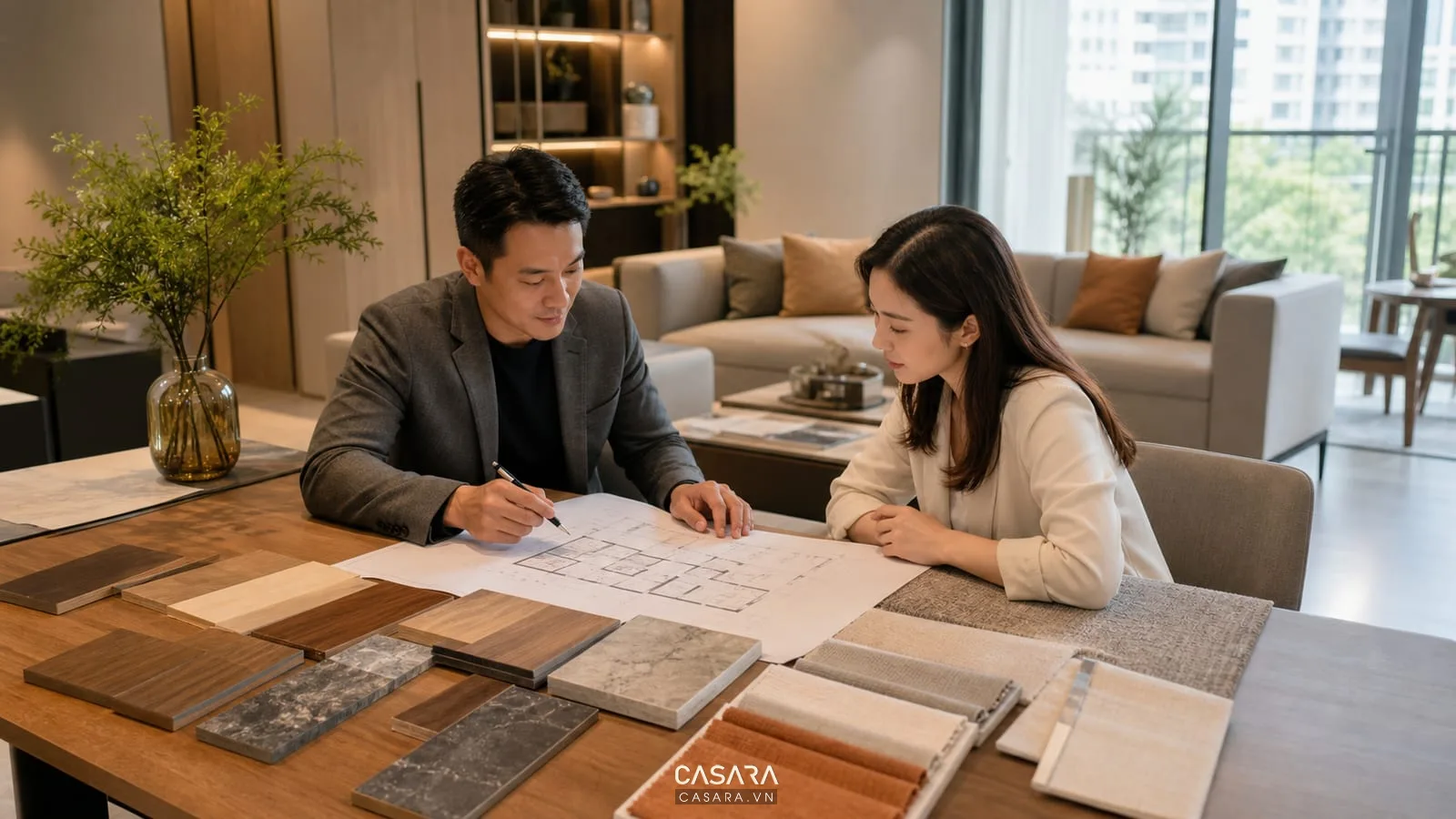 Tư vấn thiết kế chung cư với bản vẽ căn hộ và mẫu vật liệu nội thất