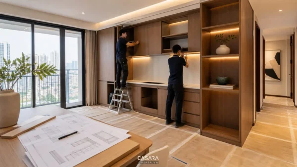 Thợ lắp đặt hệ tủ gỗ trong căn hộ chung cư đang hoàn thiện