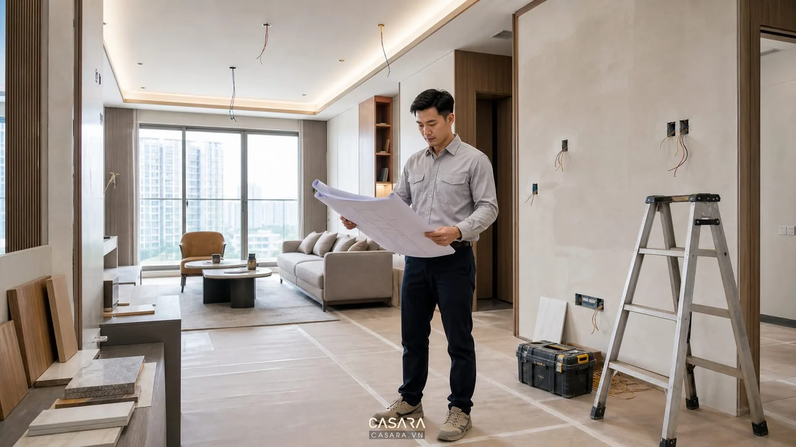 Kỹ sư kiểm tra bản vẽ và hệ điện trong tiến độ thi công chung cư
