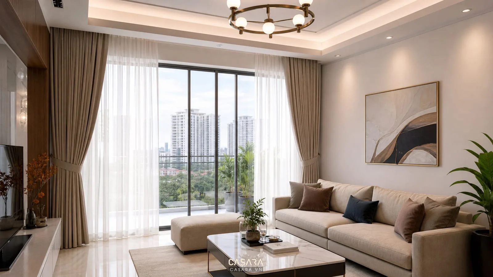 Thi công rèm cửa chung cư phòng khách với rèm hai lớp và hộp rèm âm trần