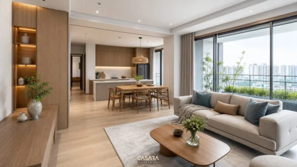 Phòng khách chung cư cao tầng liền bếp với sofa sáng màu, bàn ăn gỗ và ban công kính