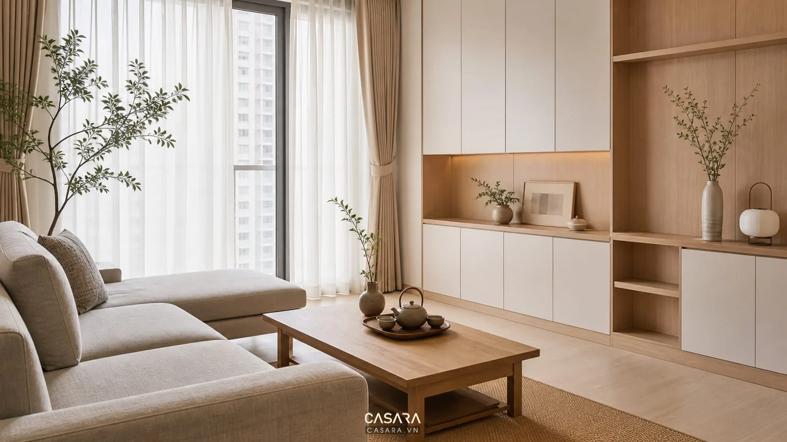 Thiết kế chung cư kiểu nhật với sofa thấp bàn trà gỗ và tủ phẳng