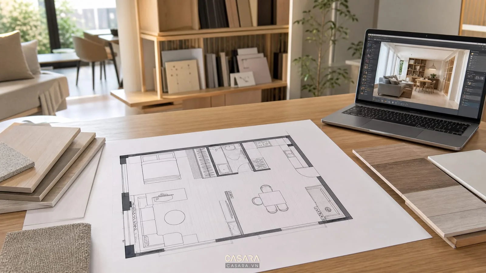 Tiêu chuẩn thiết kế chung cư mini với bản vẽ mặt bằng căn hộ nhỏ và mẫu vật liệu gỗ sáng