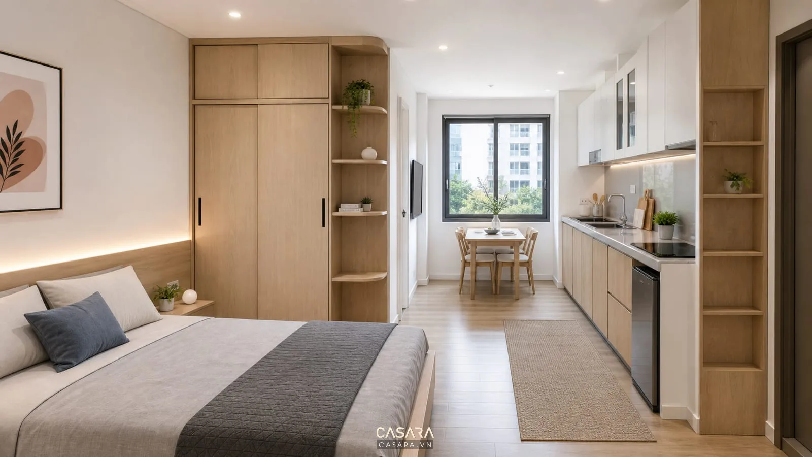 Thiết kế chung cư mini 30m2 với giường thấp tủ cánh lùa và bếp chữ I màu sáng