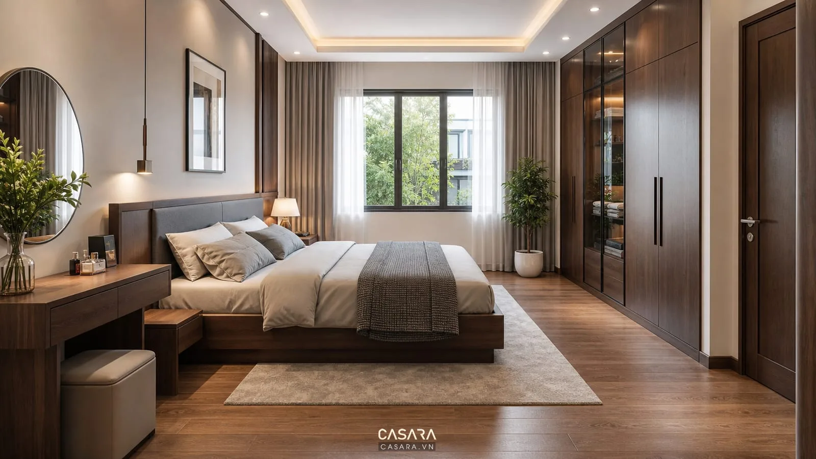 mặt bằng phòng ngủ chung cư thấp tầng với giường đôi lối đi quanh giường tủ áo và bàn trang điểm nhỏ