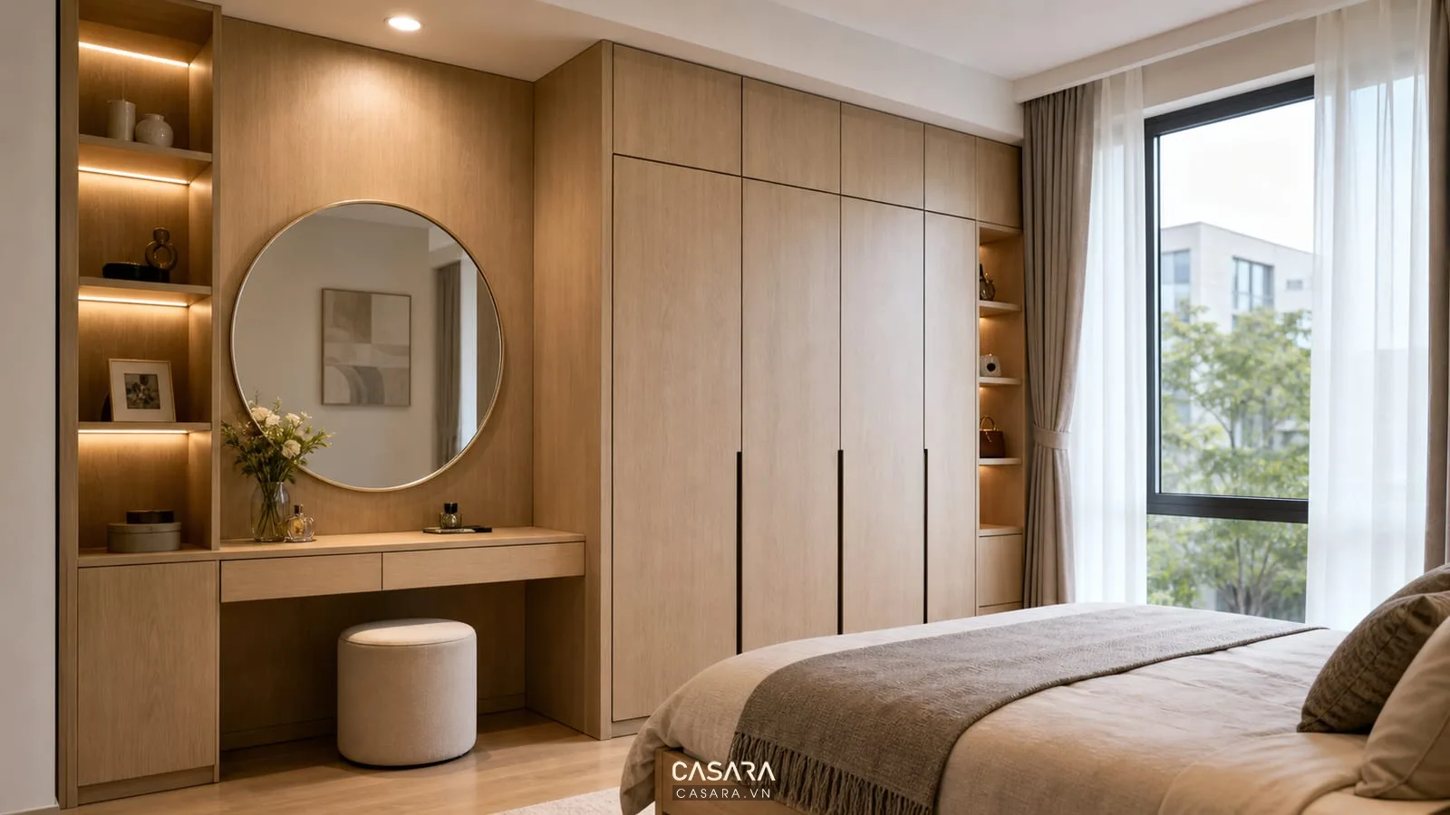 hệ tủ quần áo phòng ngủ chung cư thấp tầng có bàn trang điểm liền tủ gương tròn và ghế nhỏ