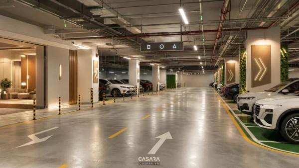 hầm để xe chung cư hiện đại có vạch kẻ và lối di chuyển rõ