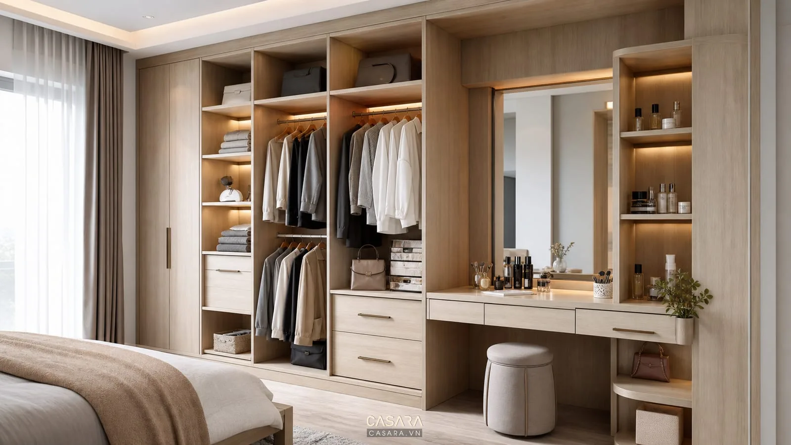 tủ áo phòng ngủ chung cư kết hợp bàn trang điểm và ngăn kéo