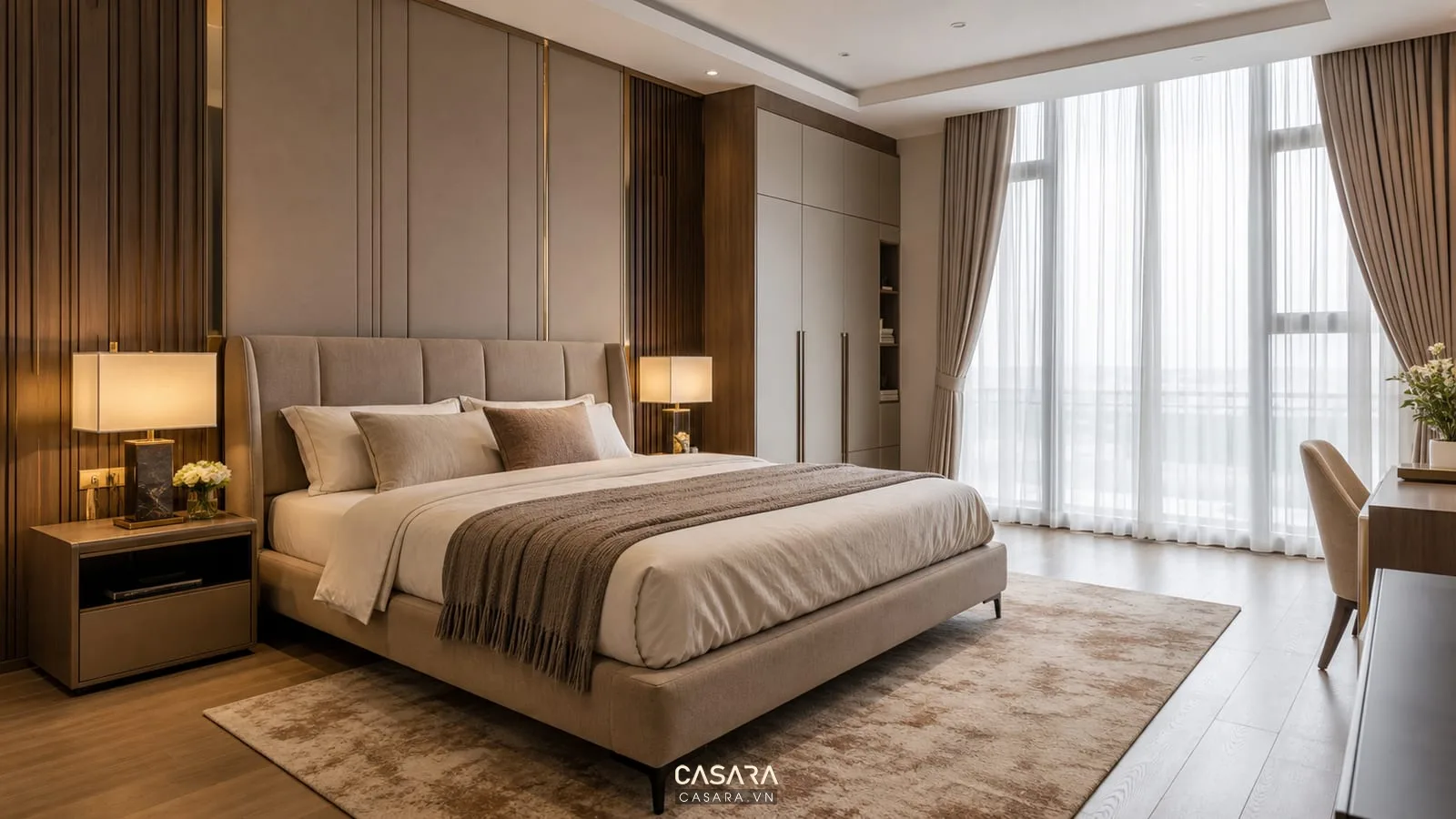 phòng ngủ chung cư sang trọng có giường tủ và ánh sáng dịu