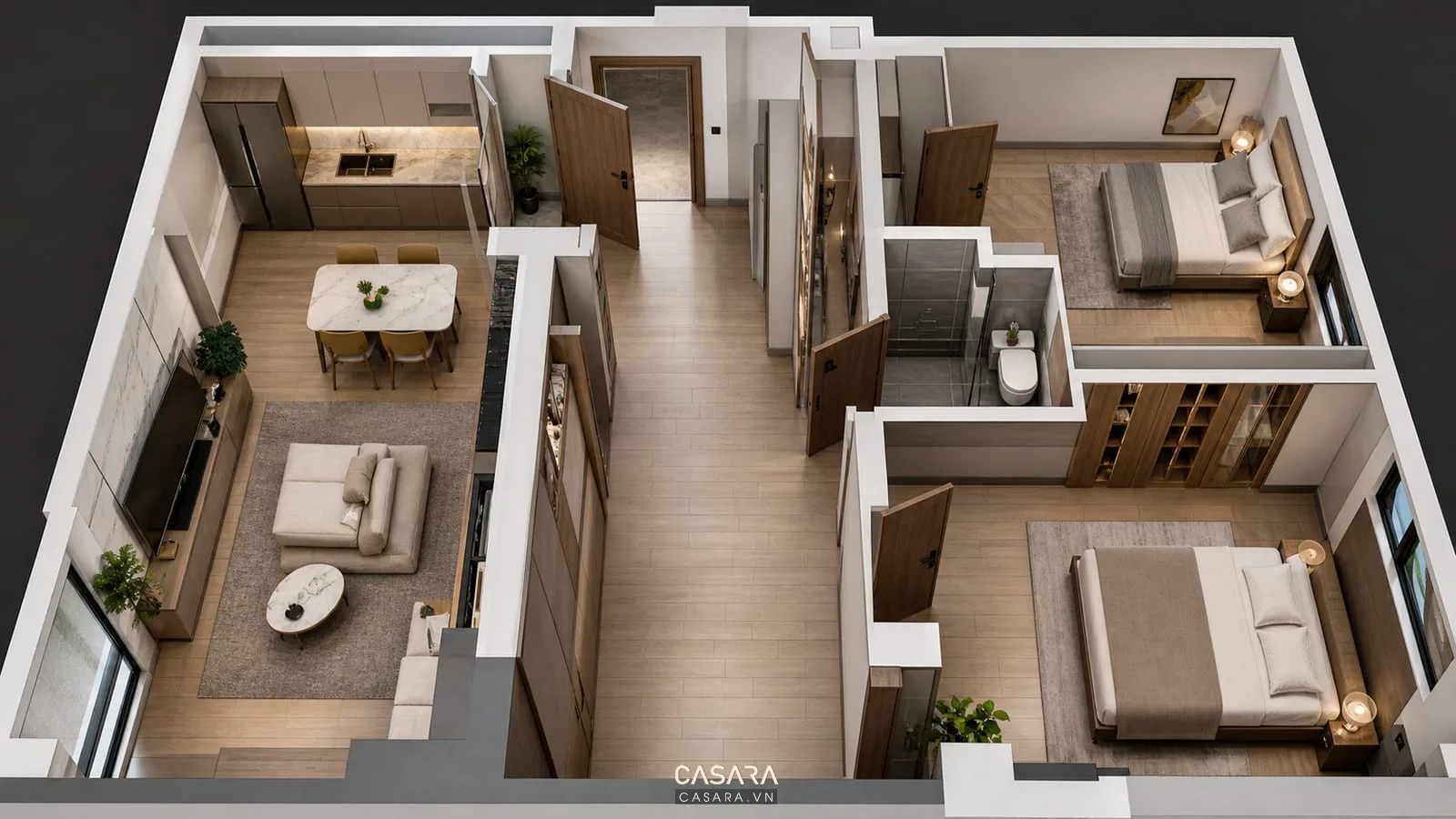 Mặt bằng thiết kế nội thất chung cư 80m2 có phòng khách bếp bàn ăn phòng ngủ và tủ lưu trữ