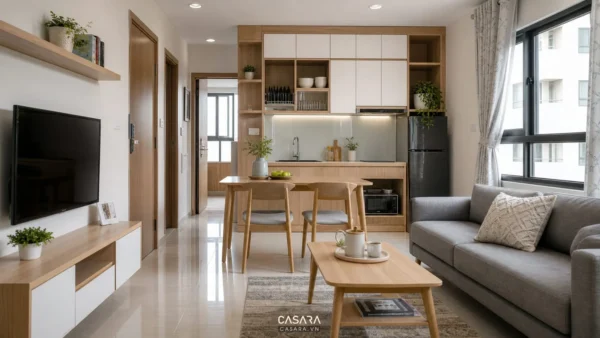 Căn hộ nhỏ có bếp gỗ, bàn ăn và sofa trong cùng không gian