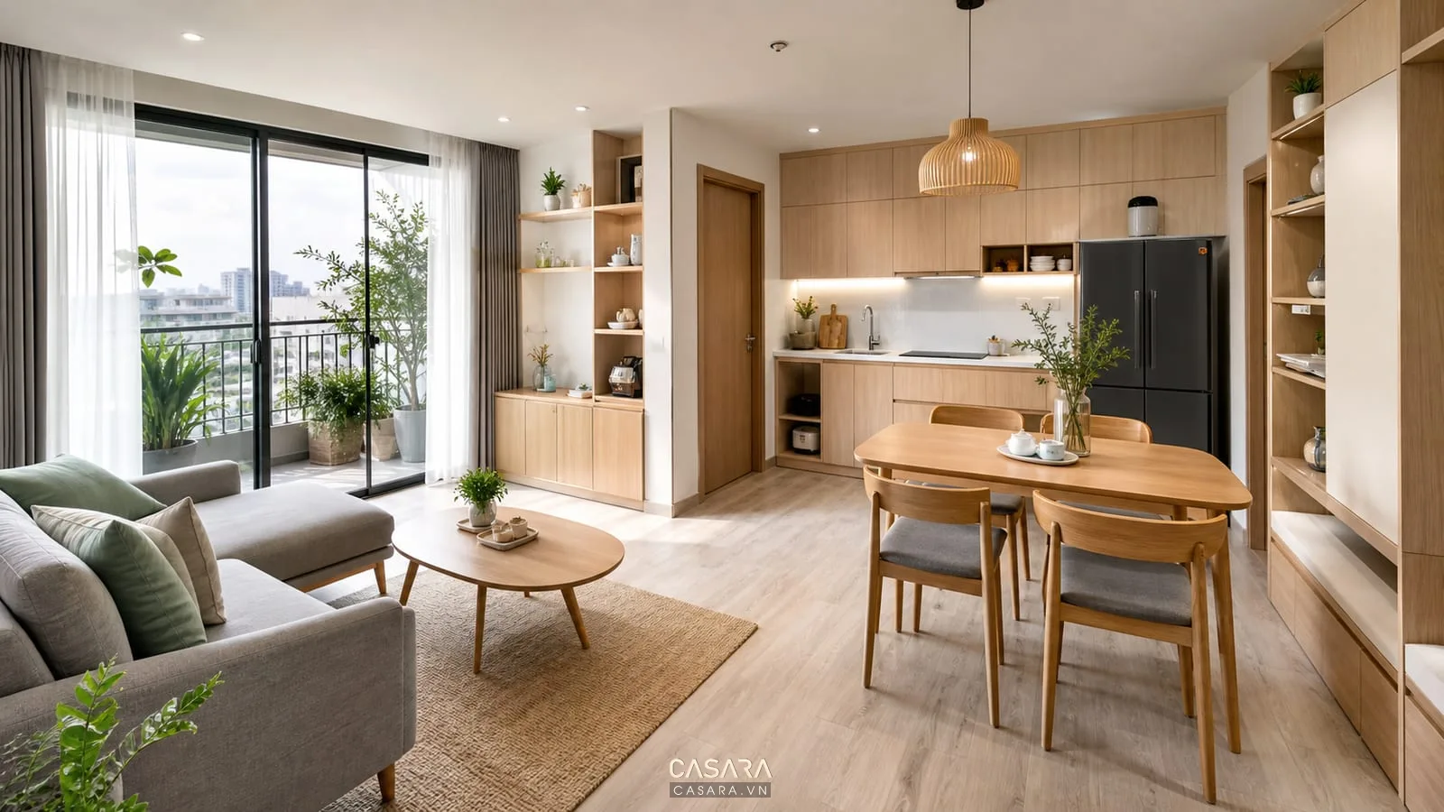 Thiết kế nội thất chung cư 62m2 với phòng khách bếp mở và bàn ăn gọn