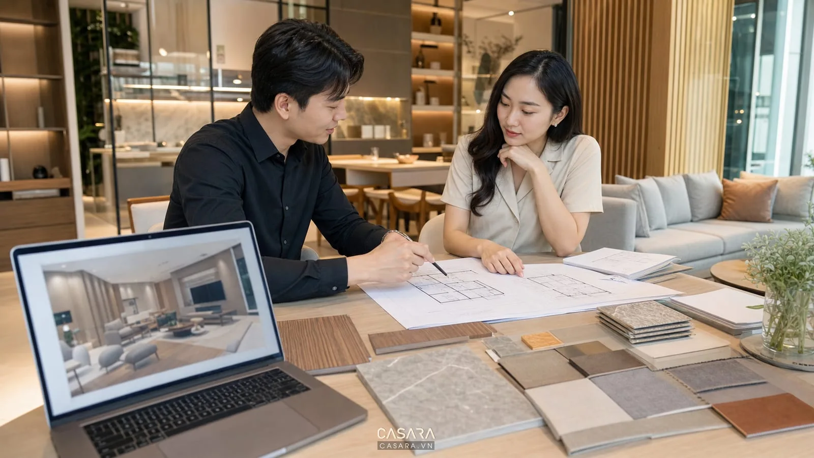 Tư vấn thiết kế nội thất chung cư với kiến trúc sư bản vẽ căn hộ và mẫu vật liệu tại Casara