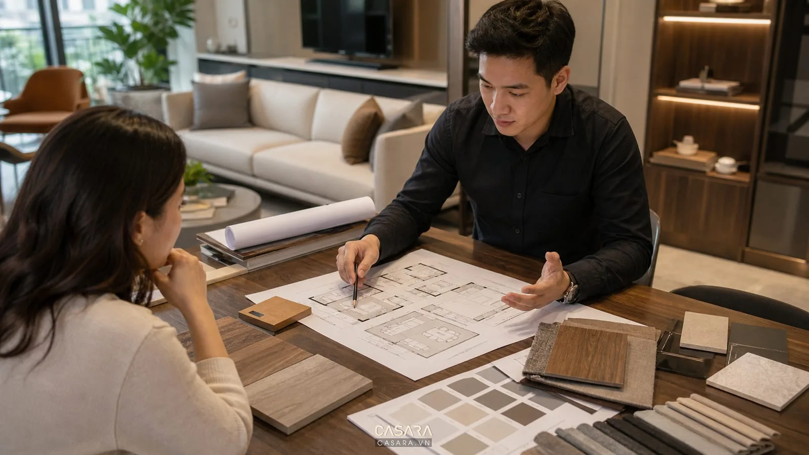 Tư vấn thiết kế nội thất căn hộ với phối cảnh 3D bản vẽ mặt bằng mẫu gỗ và mẫu vải sofa