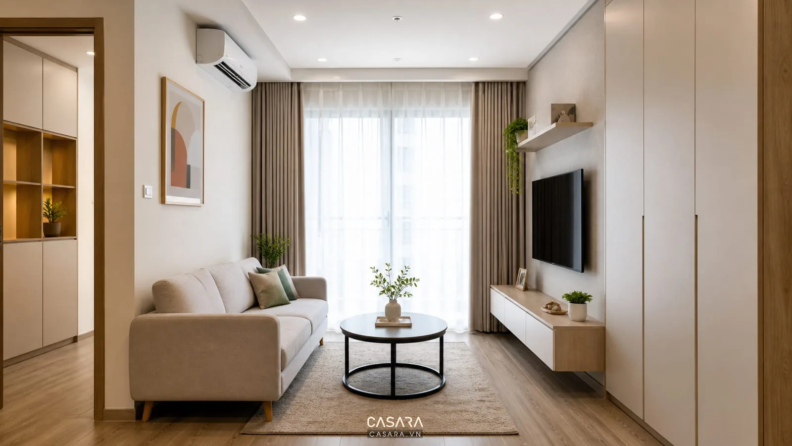 trang trí căn hộ chung cư nhỏ với phòng khách gọn và kệ tivi thấp