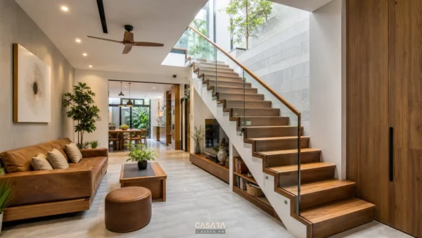 Trang trí cầu thang nhà ống hiện đại với bậc gỗ, lan can kính và giếng trời