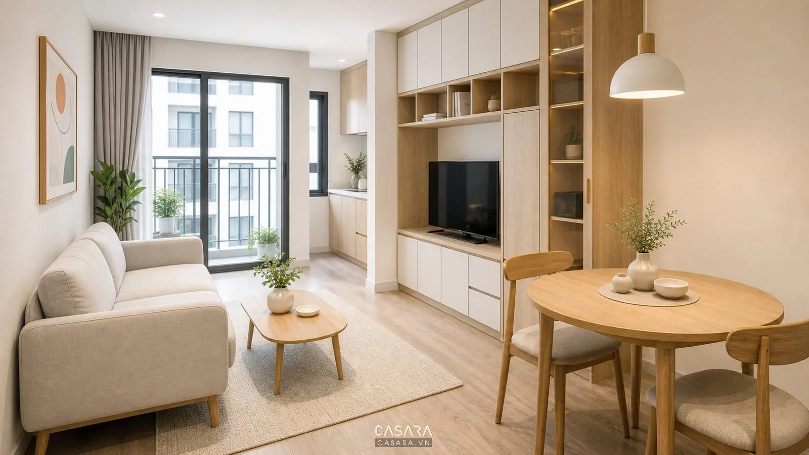 trang trí chung cư mini với sofa nhỏ và tủ lưu trữ sáng màu