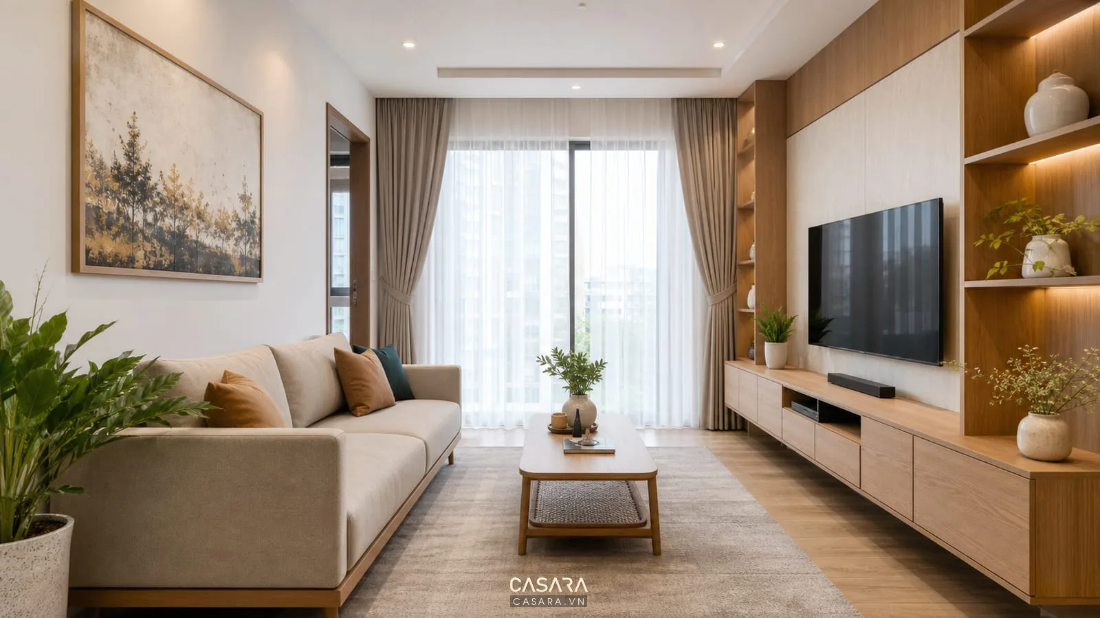 trang trí phòng khách chung cư đẹp với sofa và kệ tivi gỗ