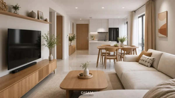 Trang trí chung cư 2 phòng ngủ với phòng khách liền bếp sofa sáng màu tủ tivi gỗ và bàn ăn nhỏ